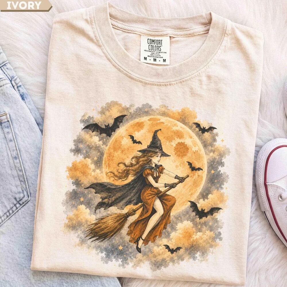 Retro Halloween Witch Shirt, Graphic Tee, Moon Bats